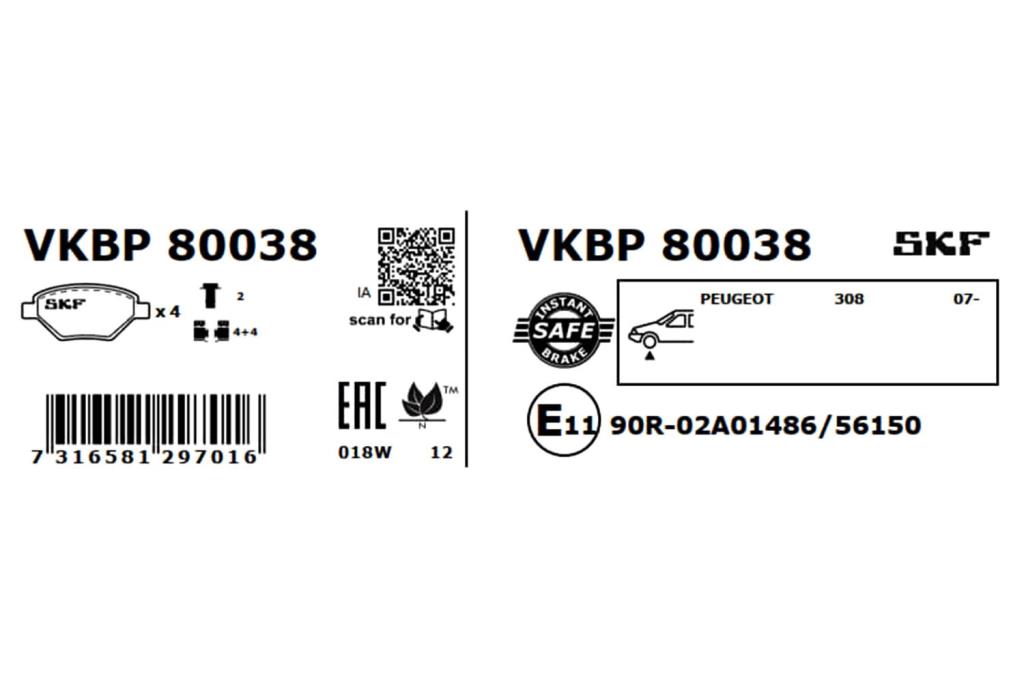 Jogo de 4 pastilhas de travão SKF ref. VKBP 80038